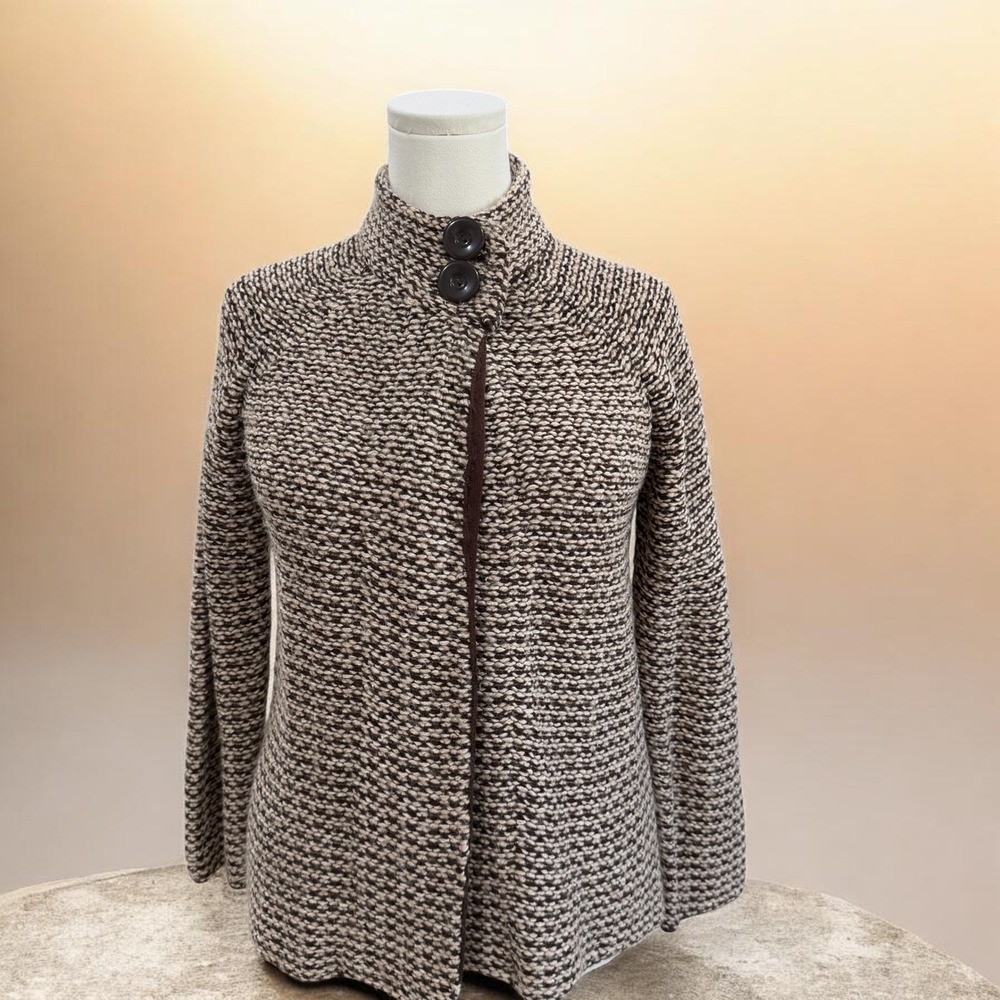 Karen Scott Womens Brown Cream Marled Knit Mock Neck Button Cardigan Sweater M
